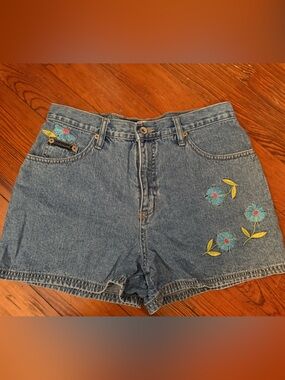 Embroidered Blue Denim Shorts with Floral Accent